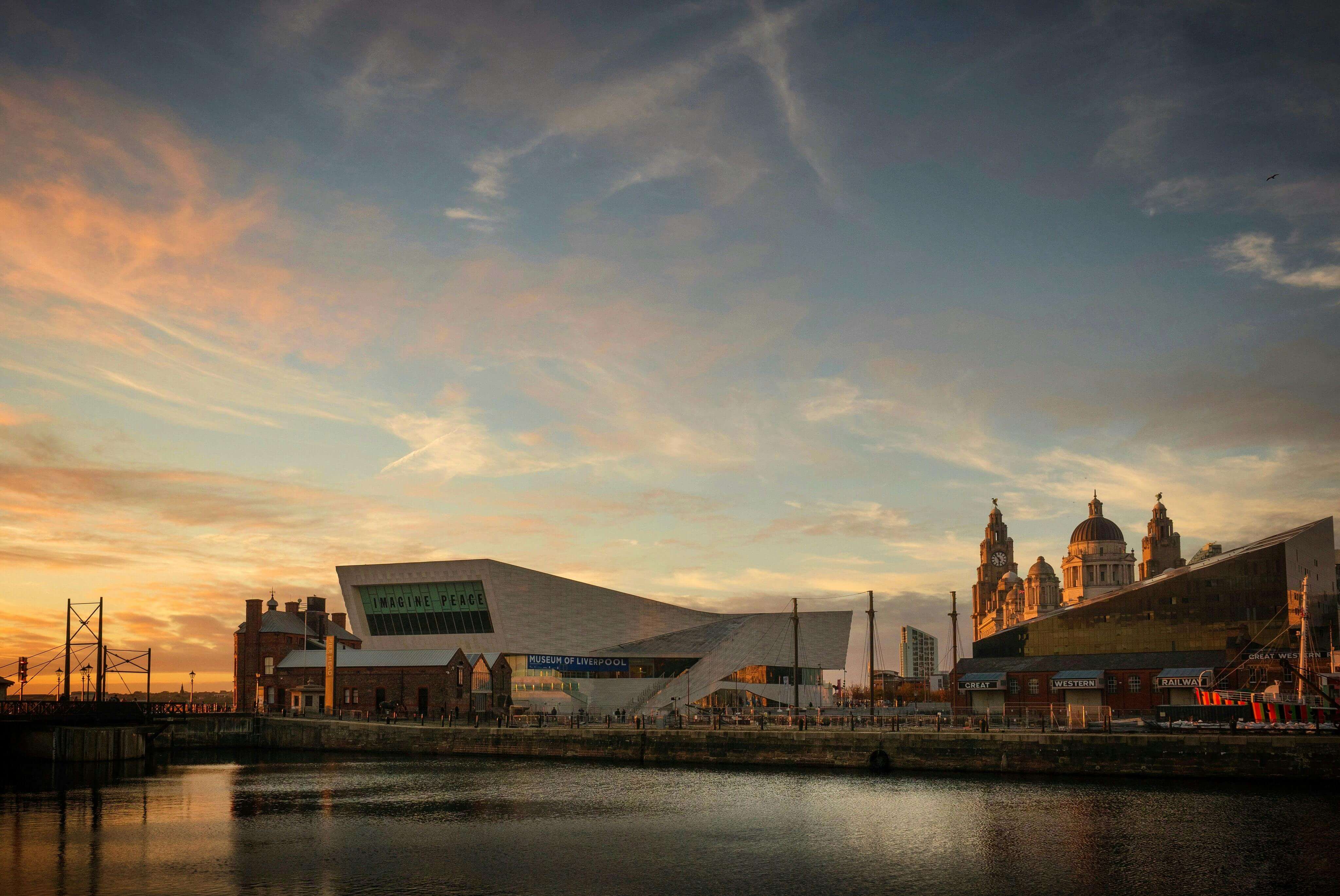Liverpool waterfront at sunset with Royal Liver Building and Museum of Liverpool