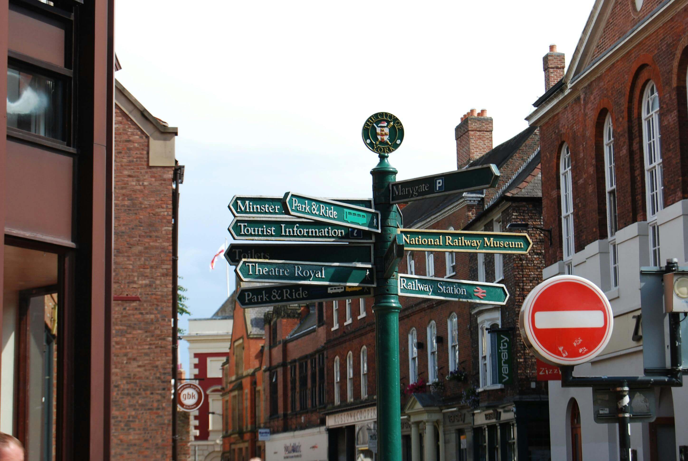City of York directional signpost showing attractions including York Minster and National Railway Museum